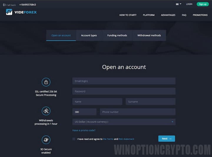 Registering an account with VideForex