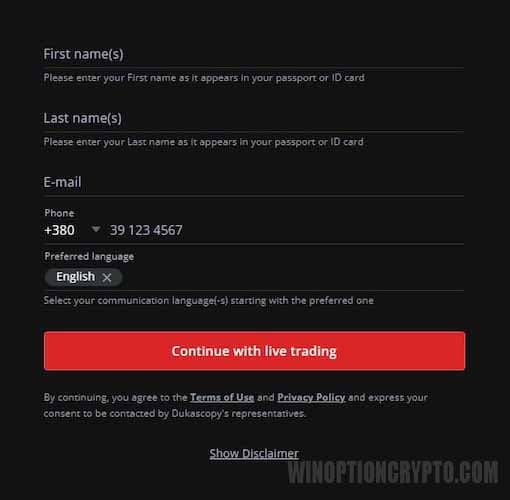 registration in Dukascopy