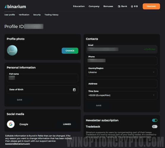 Pestañas para cambiar datos personales