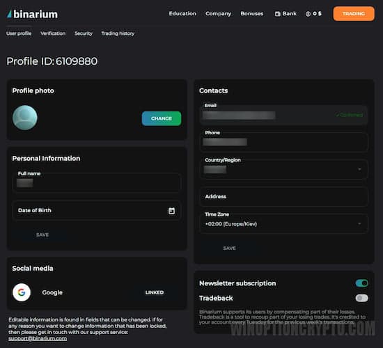 Enviar un correo electrónico de verificación a Binarium