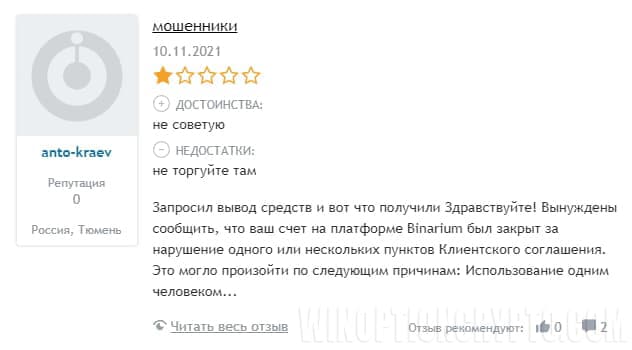 Fake review of the broker Binarium