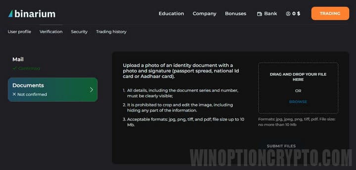 Verificación de cuenta de Binarium